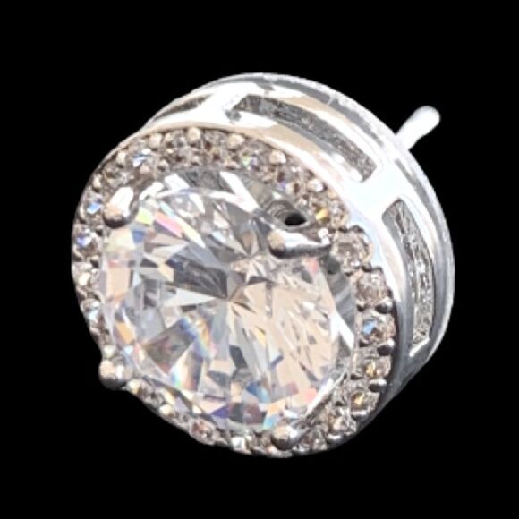 Men’s Cubic Zirconia Silver Tone Round Hip Hop Iced Out CZ Stud Earring Pair NEW - Picture 1 of 9